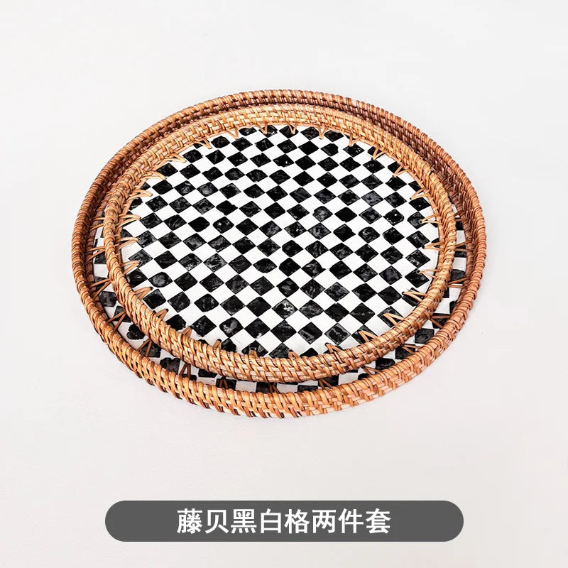 assiettes rotin naturel fleurs motifs floraux mosaïque traditionnel artisanal set deux