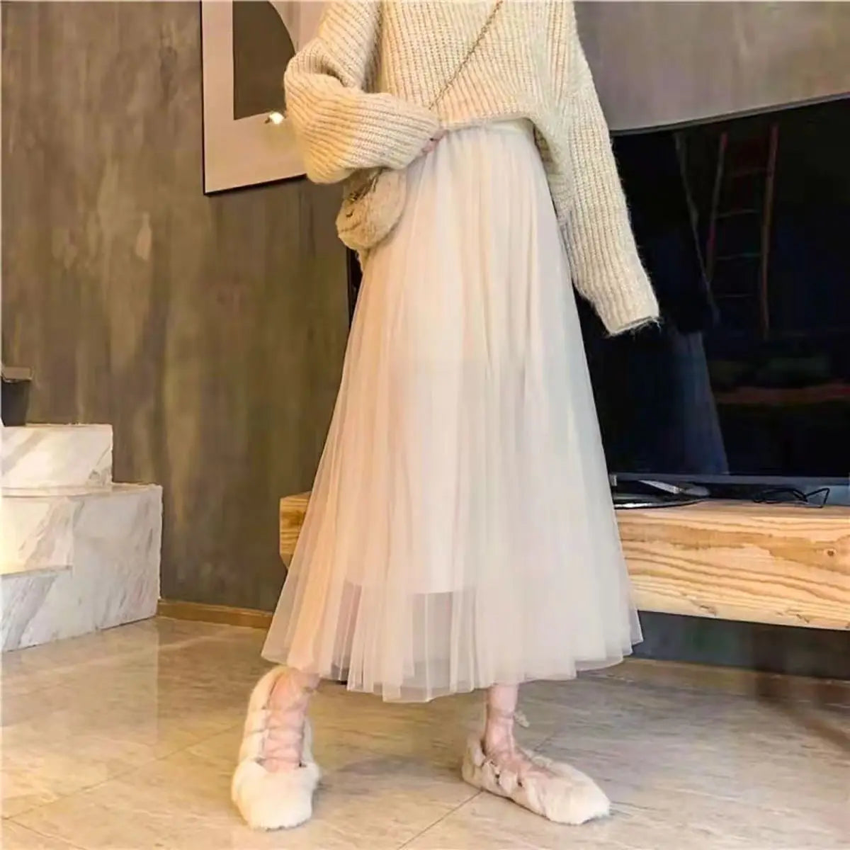 Jupe tulle femme élégante classique solide beige gris noir blanc mi mollet empire