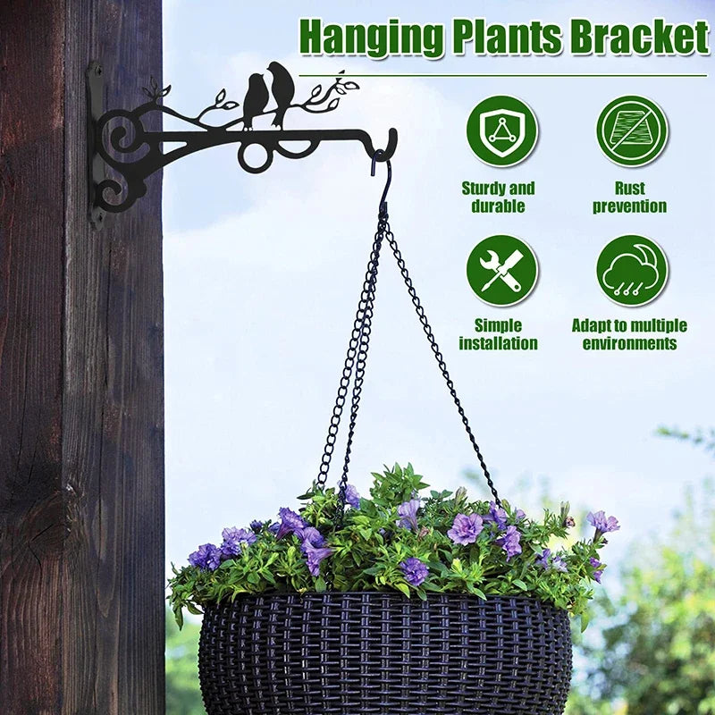 support plante suspendu oiseaux stylisés motifs floraux vis mural noir artisanal