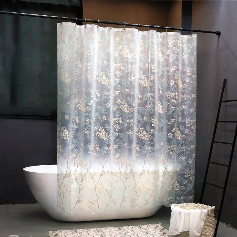 rideau douche translucide motif fleurs blanches feuilles moderne métalliques blanc