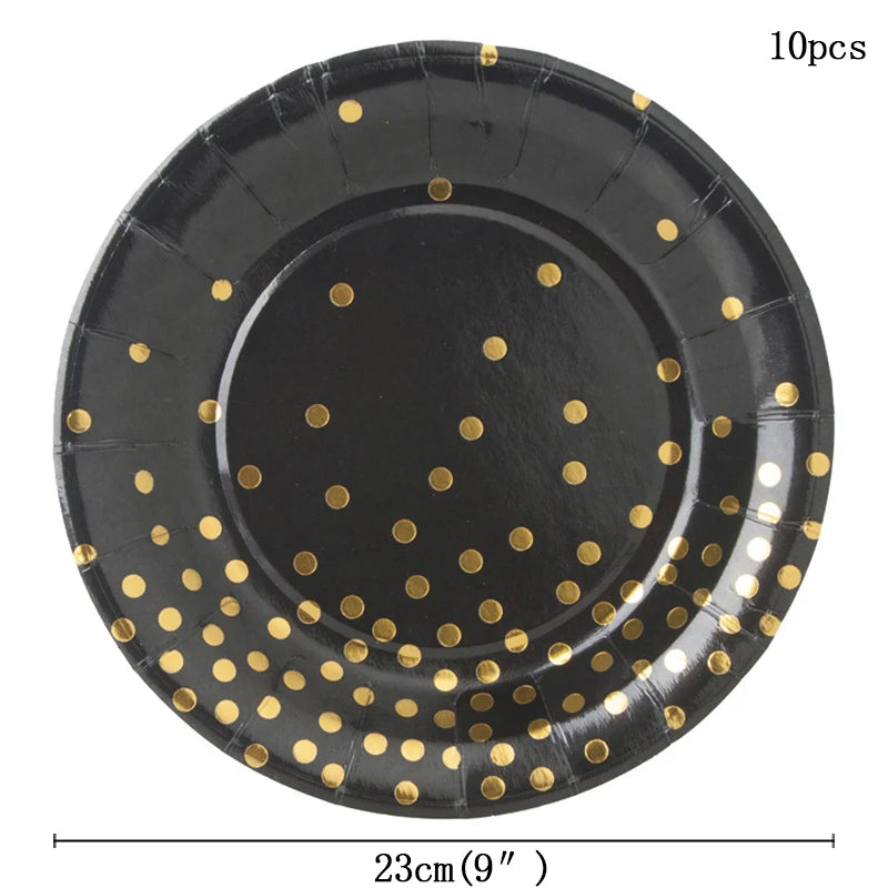 assiettes noires points dorés cuillères fourchettes couteaux gobelets serviettes tablecloth festif jetables moderne