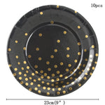 assiettes noires points dorés cuillères fourchettes couteaux gobelets serviettes tablecloth festif jetables moderne