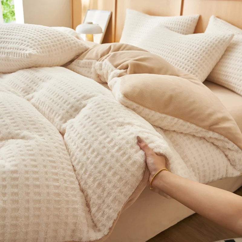 ensemble literie moderne 100 polyester polaire douceur beige bleuclair taiesoreiller couverture doubleface king size