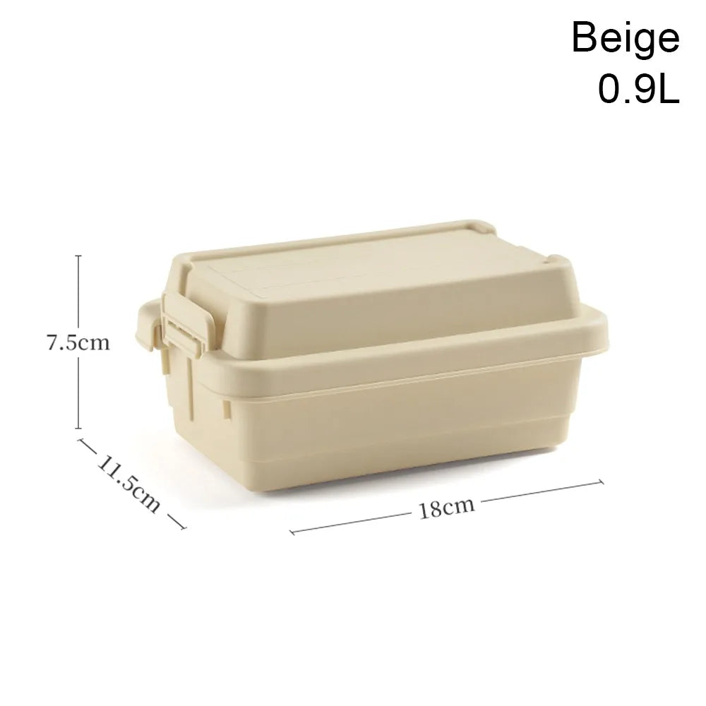 boîtes rangement camping réutilisables plastique noir vert beige poignées couvercles pratiques robustes