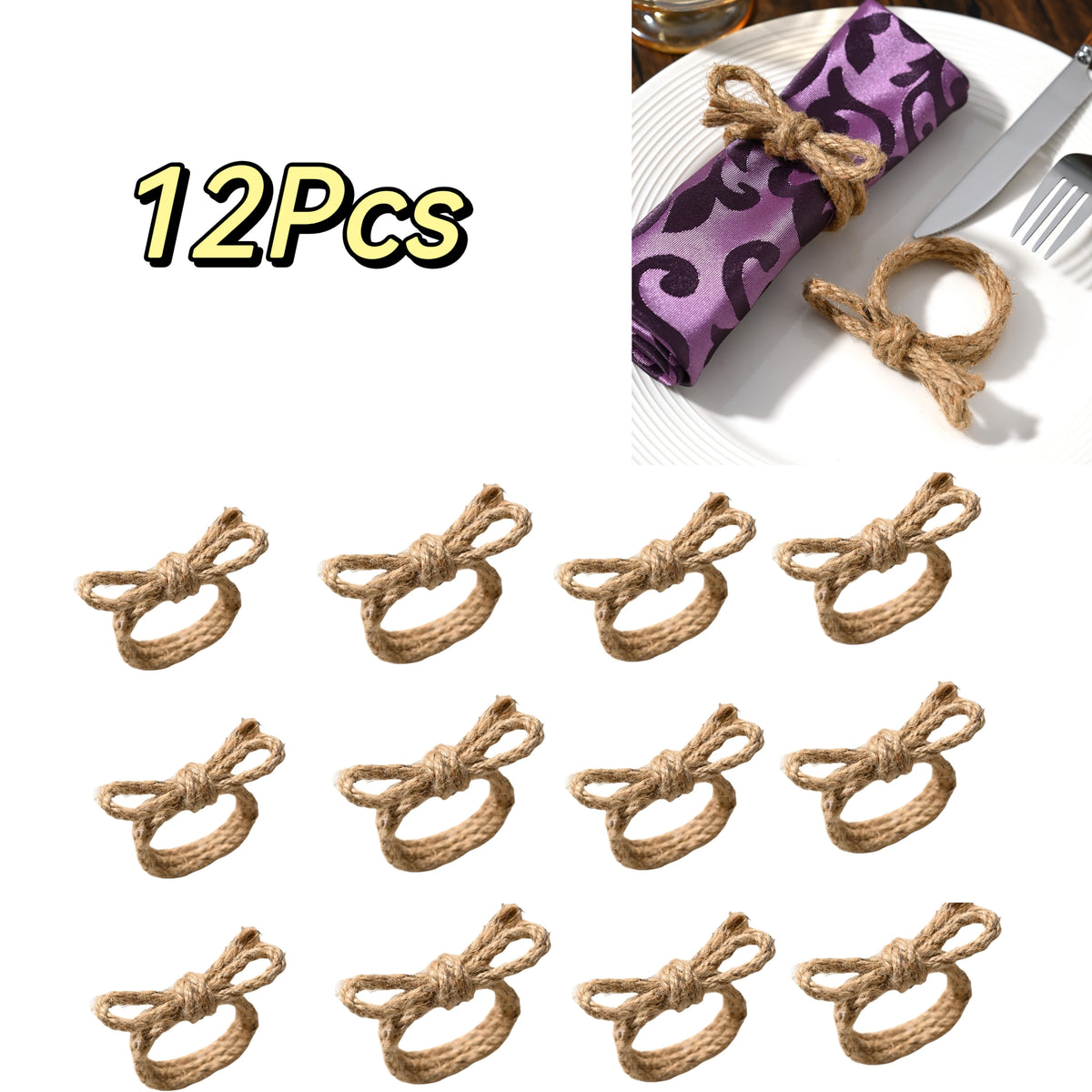 anneaux serviettes marron violet motifs floraux tissu carreaux rustique décoration table jute tressé