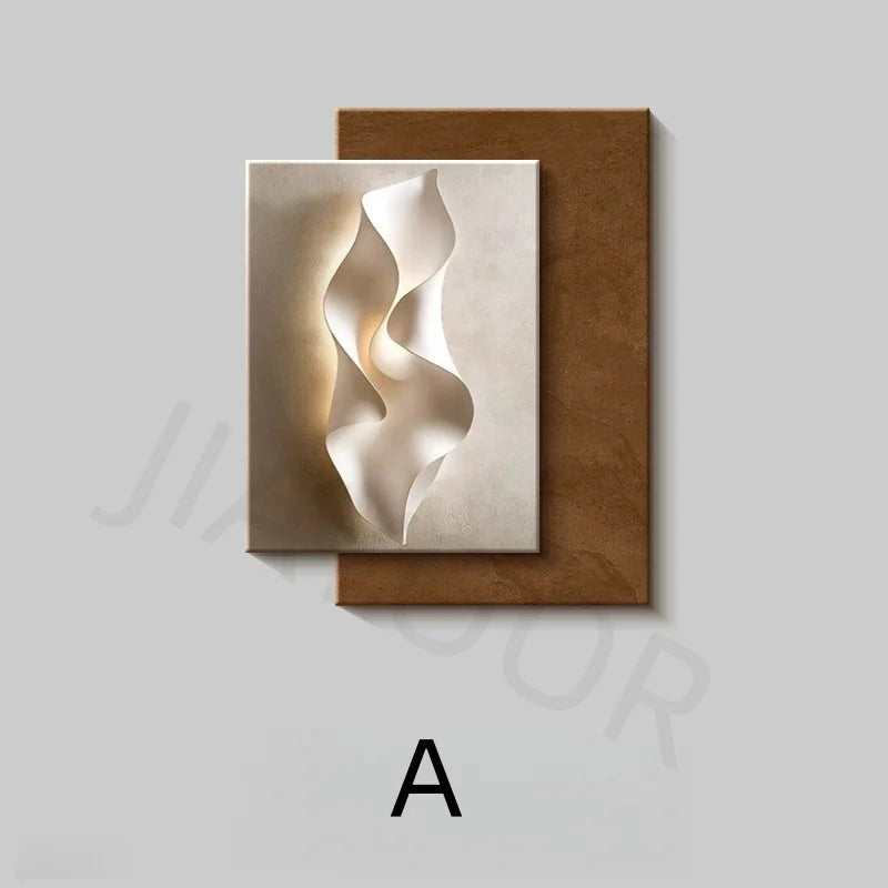 tableau abstrait contemporain mural led blanc gris marron clair ondulé mat éclairage minimaliste chambre