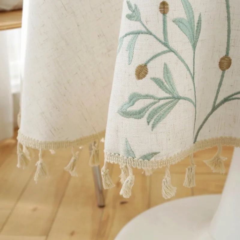 nappe table lin broderie végétale feuilles branches tassellettes classique beigeclair réutilisable machineextérieurhôtelmarriages