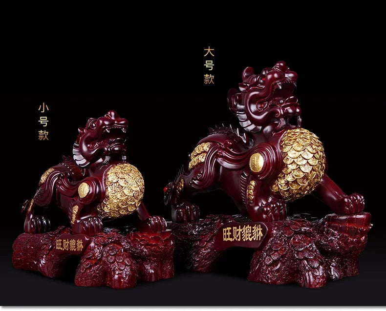 Statue Pixiu Dragon placée dans un salon élégant avec éclairage doux