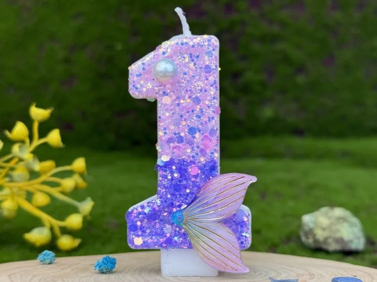 bougies numéraires paillettes sirène violet doré anniversaire décoration gâteau thème pois queue poisson festive