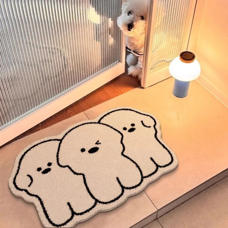 tapis moderne trois chiots dessin animé beige clair noir antidérapant polyester résistant salon chambre