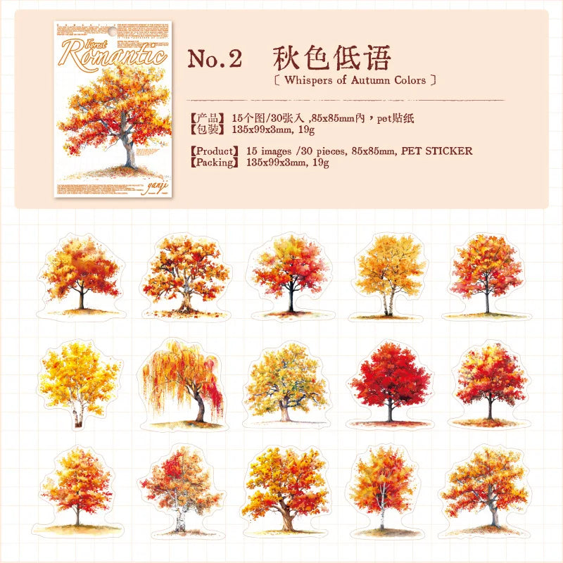 sticker illustration arbres divers couleurs feuillage adhésif album photo créatif vert rose blanc