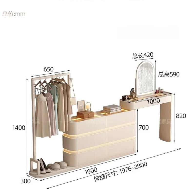 coiffeuse bois moderne beige miroir tiroirs tabouret étagère rangement chambre coucher