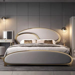 lit moderne bois gris cuir véritable pieds dorés 150cm 180cm 200cm