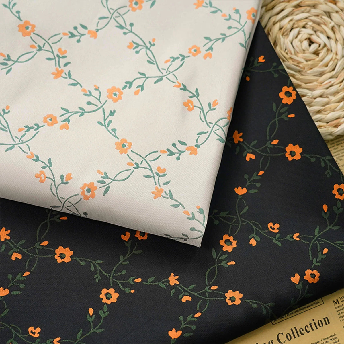 tissu jacquard motifs fleurs modernes blanc noir confection robes jupes sacs