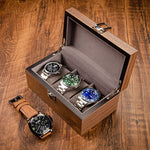 boîte montres 10 slots bois marron velours gris verre transparent classique clips verrouillage