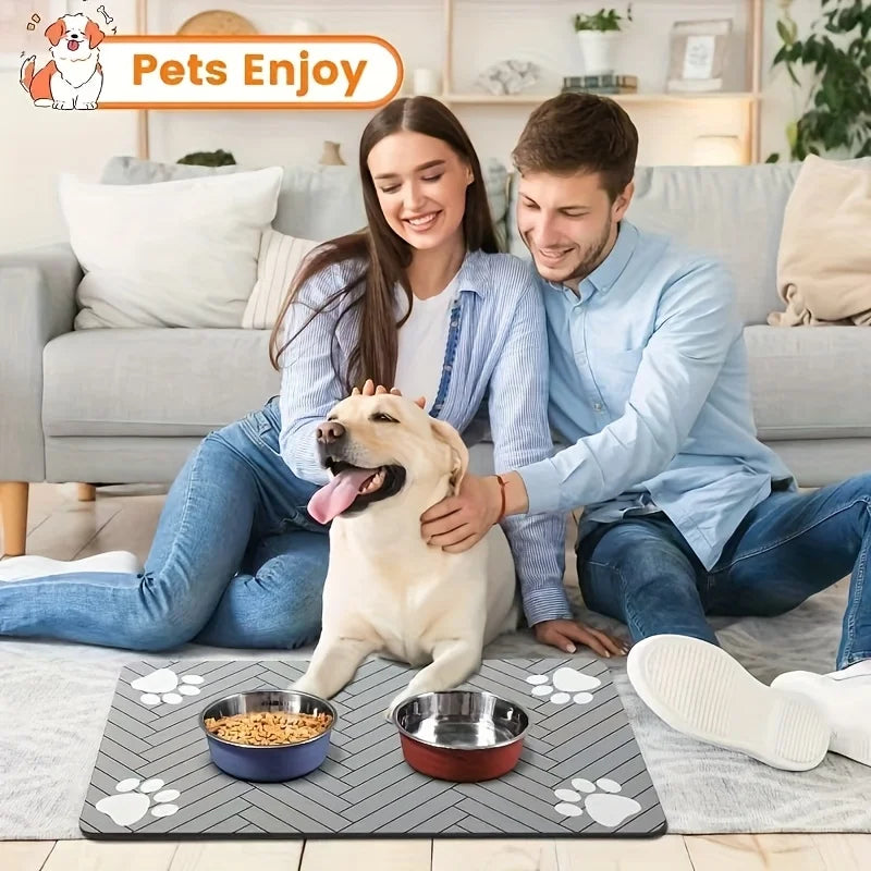 tapis absorbant animaux gris rayures moderne antidérapant lavable deux bols