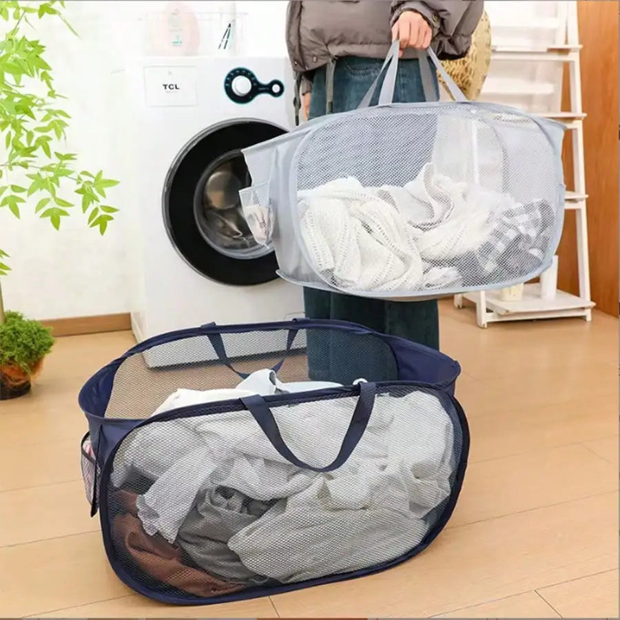 panier linge pliable imperméable polyamide gris noir maille moderne poignées poches capacitaire salle bain