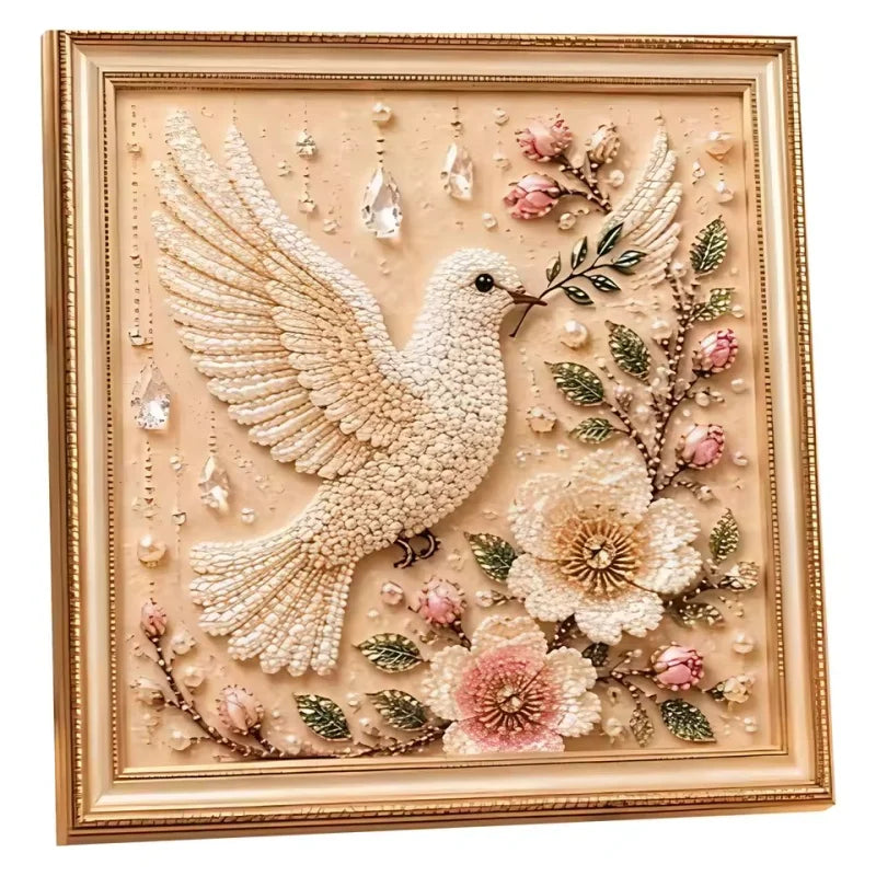 tableau décoratif strass fleurs oiseaux beige blanc rouge vert bleu doré art broderie débutants