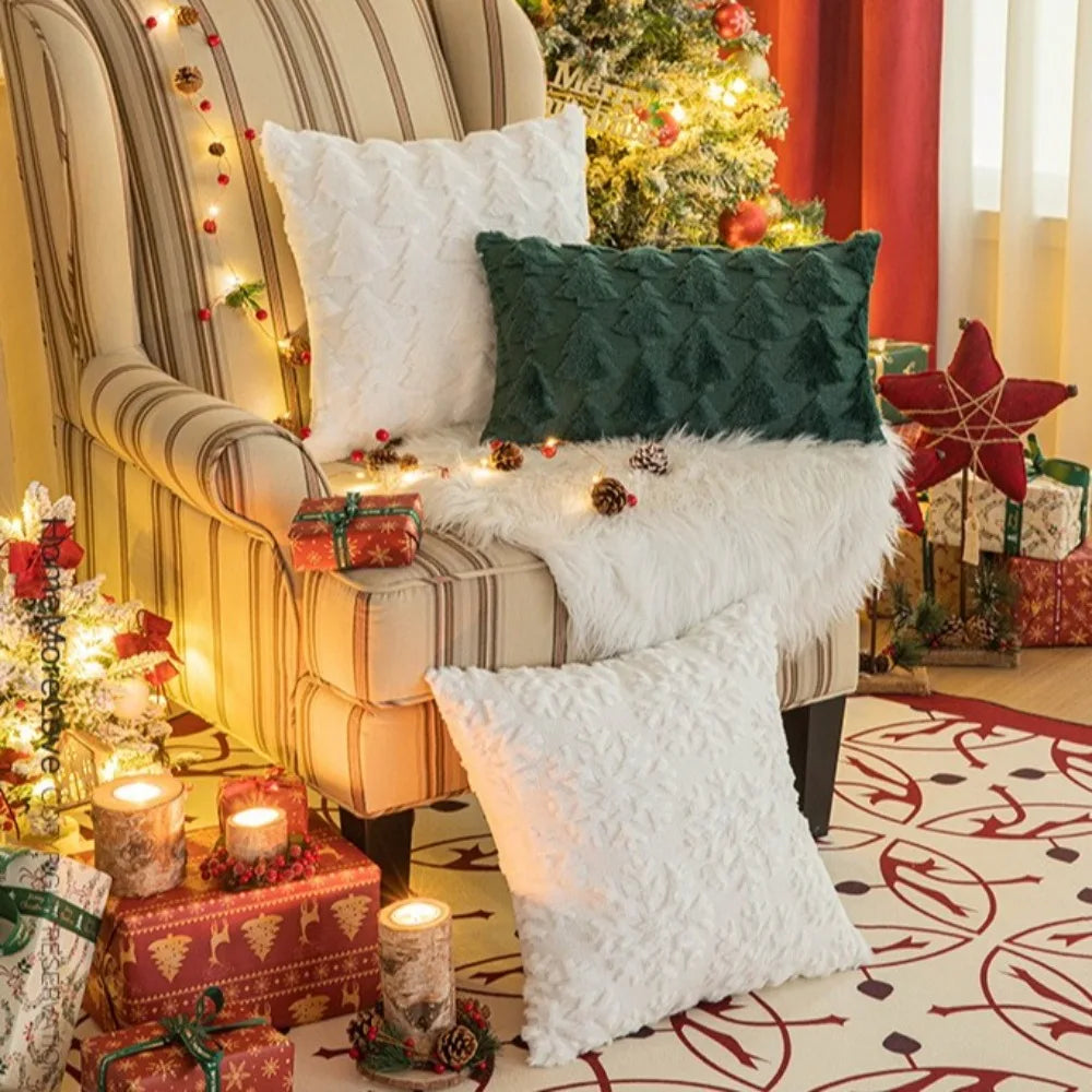 housse coussin noël arbre renne festive polyester beige vert rougeOpaque 45cm 50cm