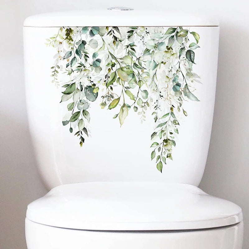 autocollant mural décoration toilettes motif feuilles fleurs floral opaques blanc