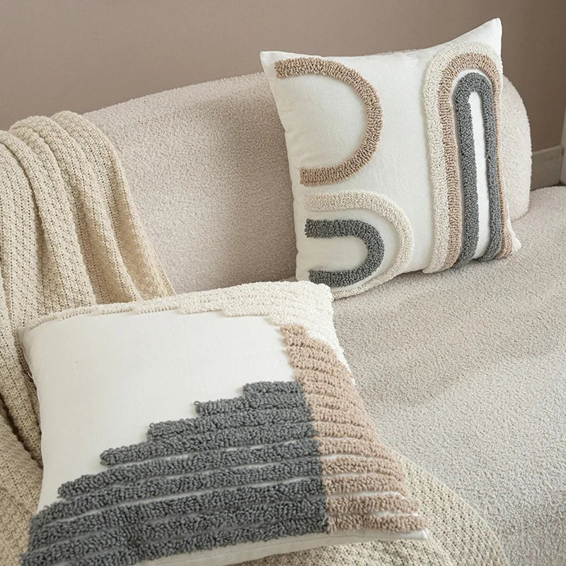 coussin géométrique moderne polyester gris beige amovible lavable contemporain decoration interieur tufter boheme