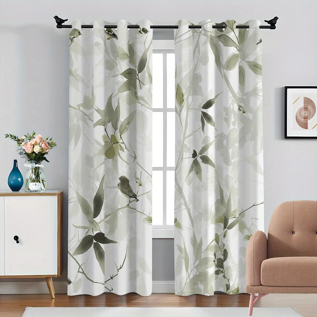 rideau imprimé feuilles oiseaux 100% polyester moderne blanc vert gris pièces