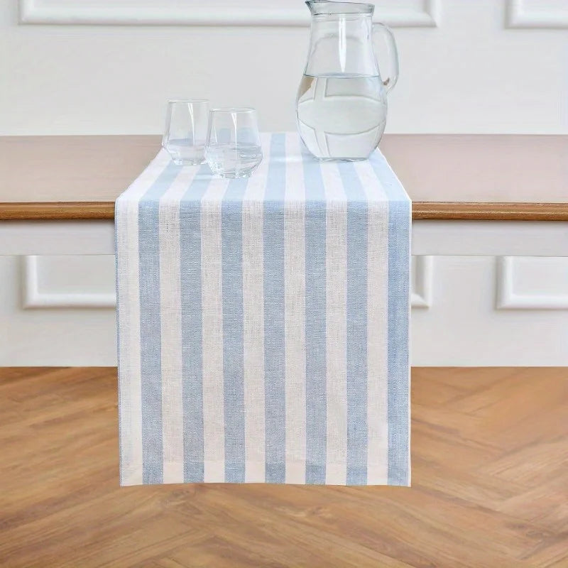 table chemin bleu blanc rayures horizontales lin moderne cuisine maison