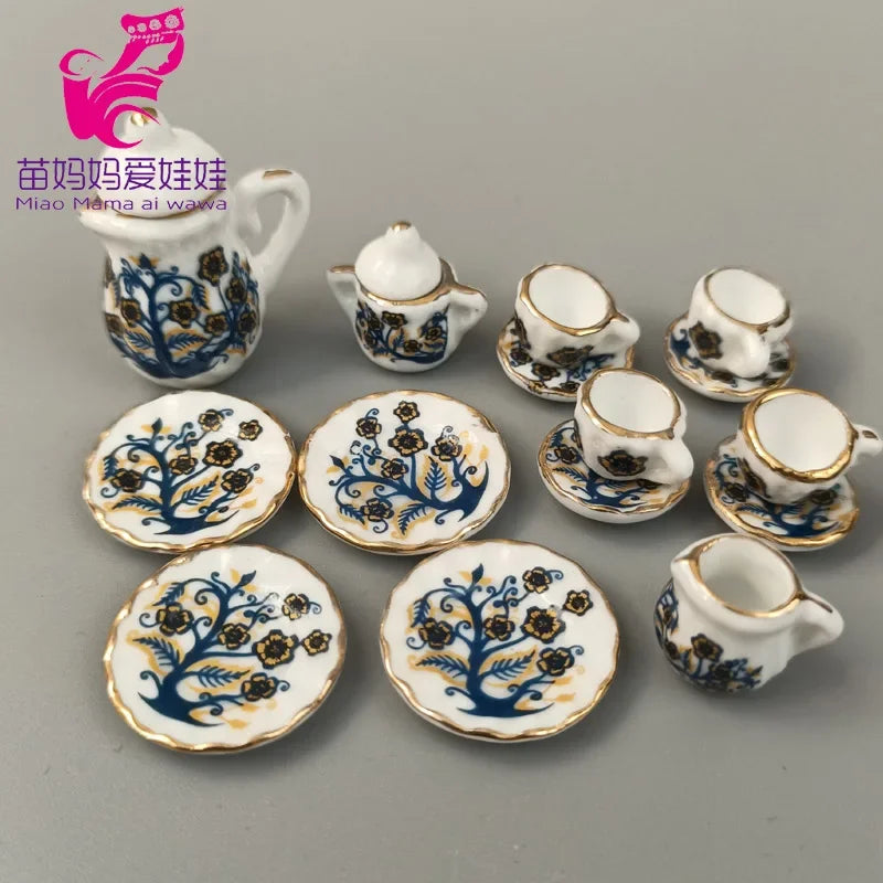 service thé miniature blanc doré rose bleu vert fleurs classique tasse théière soucoupe assiette