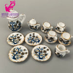 service thé miniature blanc doré rose bleu vert fleurs classique tasse théière soucoupe assiette