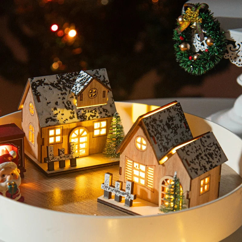 miniatures maison bois lumineuses décoration noël figurines santas trains étoiles dorées vintage