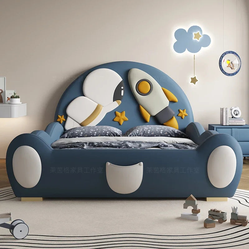 lit enfant bleu marine motif astronaute fusée étoiles bois moderne chambre enfant scandinave