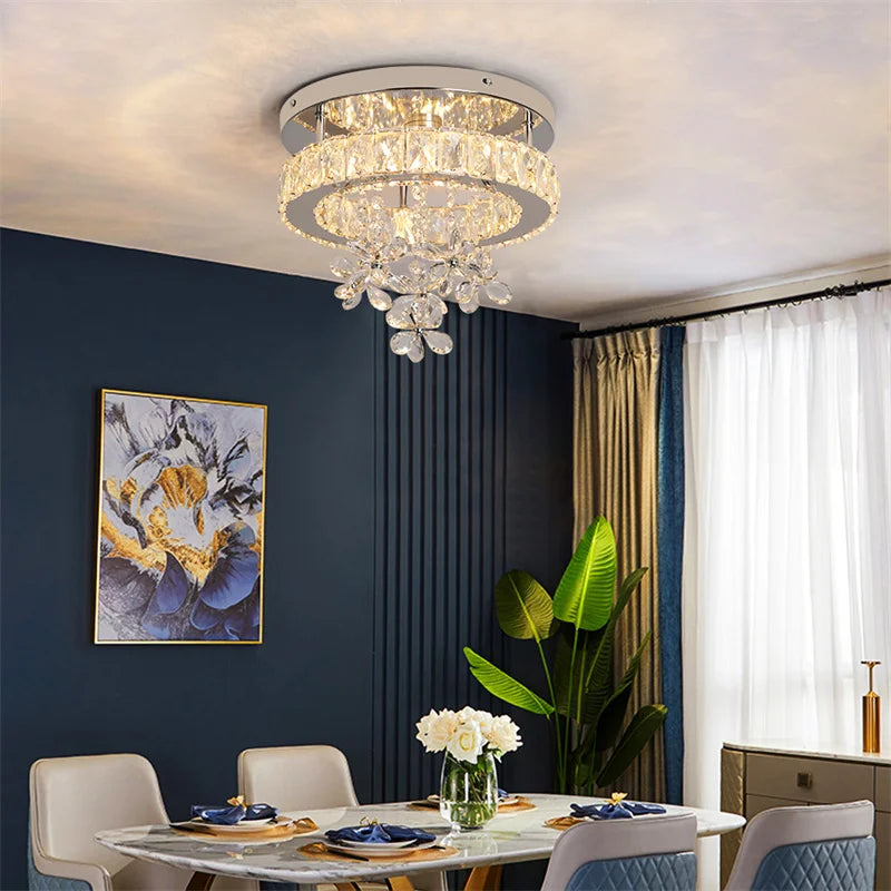 lampe moderne cristal transparent argenté télécommande suspension décoration intérieure led