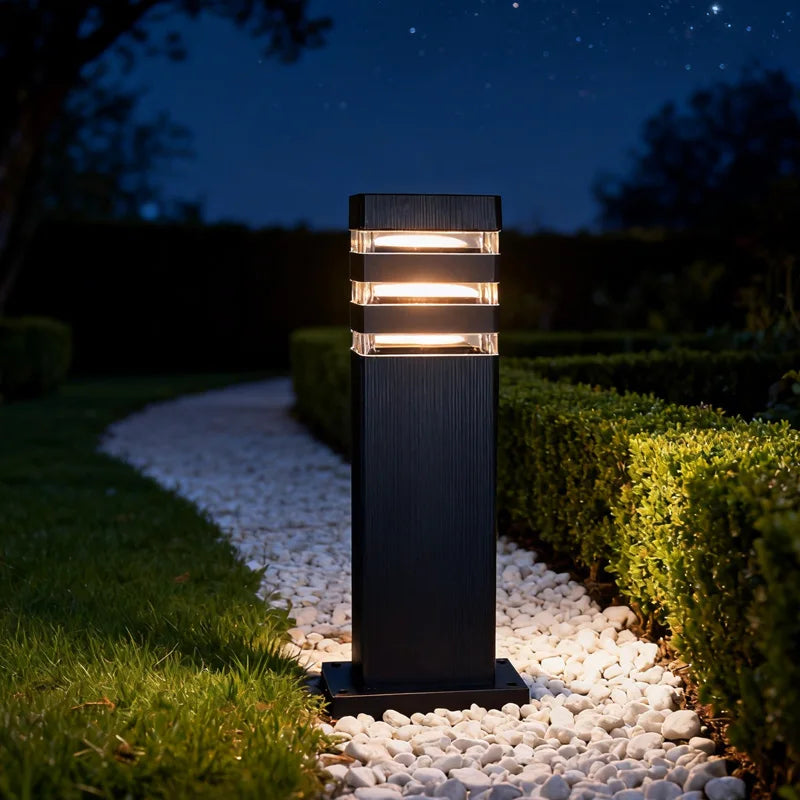 lampadaire moderne solaire extérieur panneau transparent minimaliste aspect boisé fixations sol lumière led aluminium