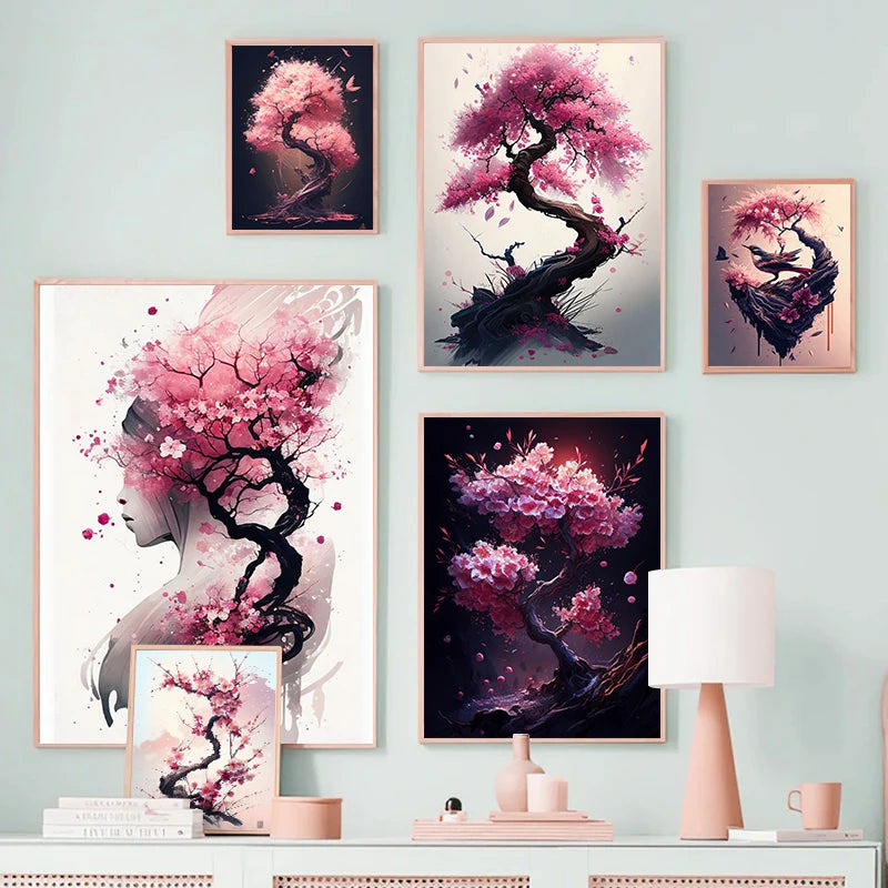 tableau toile art mural fleurs cerisier rose abstrait moderne cadre doré décoration salon