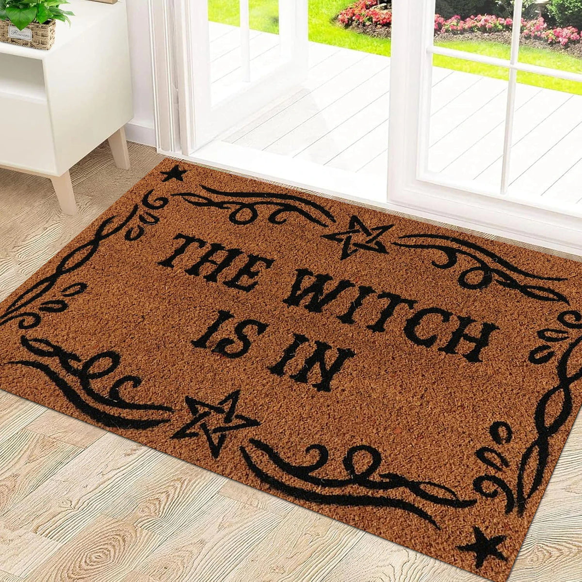 tapis d'entrée imperméable antidérapant étoiles noires motifs floraux marron clair noir résistant bactériesextérieurintérieur