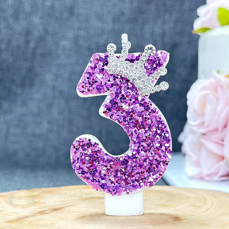 bougies anniversaire chiffre violet paillettes décoratives brillantes tringle fixations transparentes