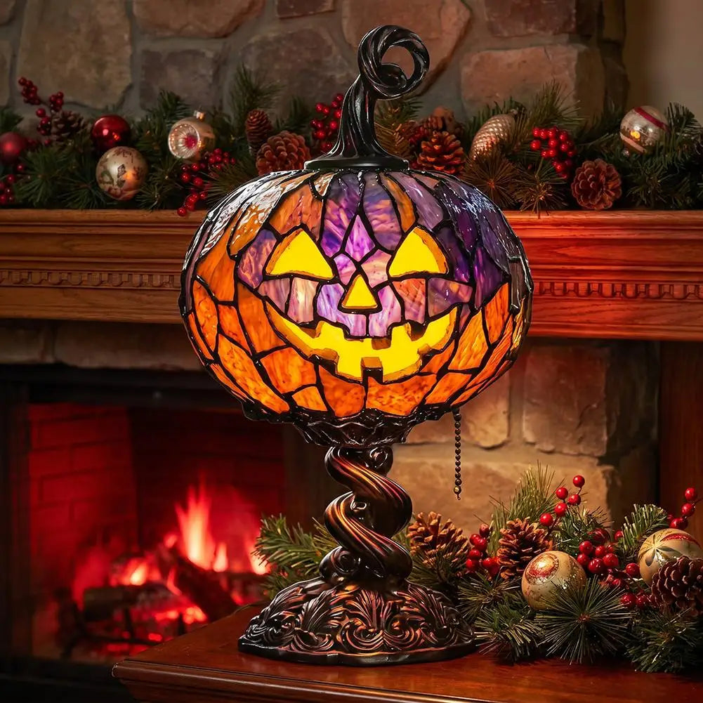 lampe table citrouille halloween artisanale résine orange violet jaune vintage chaines bronze