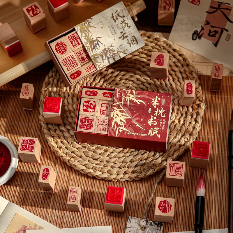 tampons bois motifs chinois calligraphie traditionnelle rouge brun clair boîte rangement set craft décoration