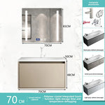 meuble salle bain beige blanc moderne miroir tiroirs tablette rangement fixations murales