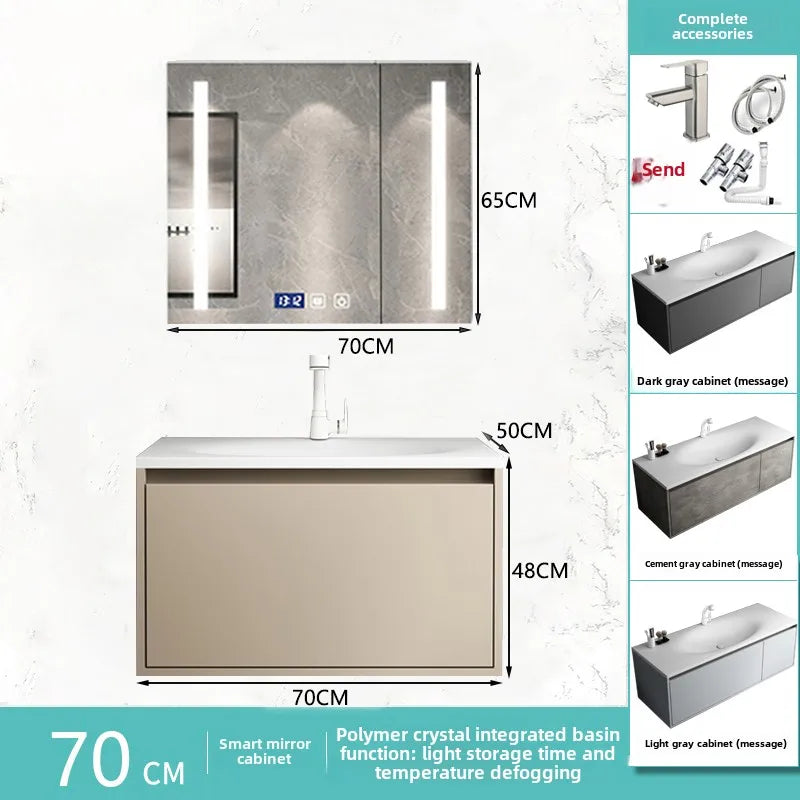 meuble salle bain beige blanc moderne miroir tiroirs tablette rangement fixations murales