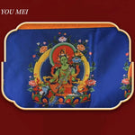 rideau décoration bouddhiste brodé motifs religieux couleurs bleu marron orange vert clips franges multicolores