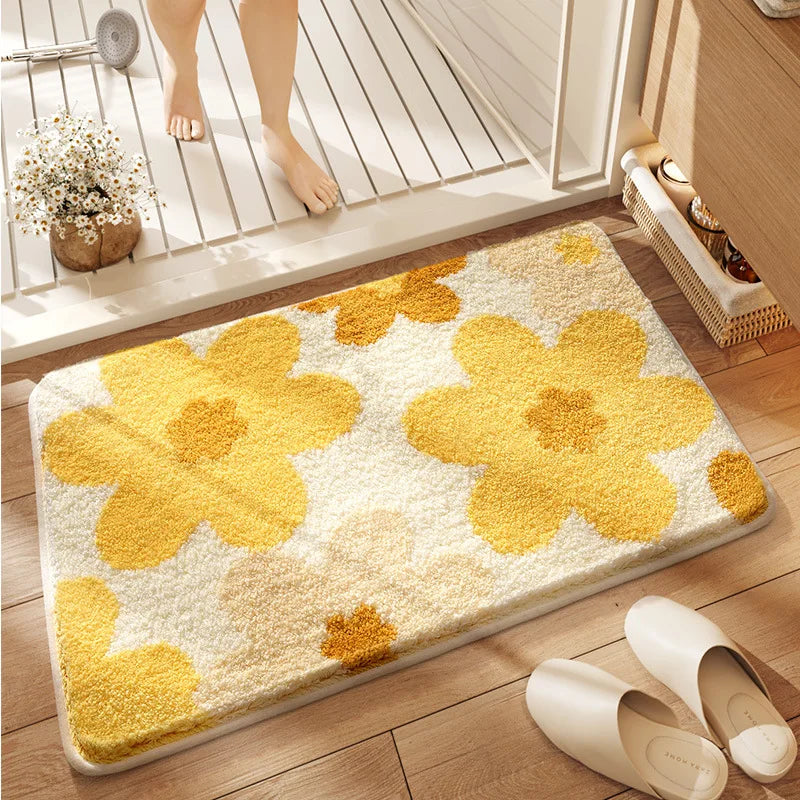 tapis bain fleurs tournesols marguerites blanc jaune vert marron texturé imperméable résistant décoloration