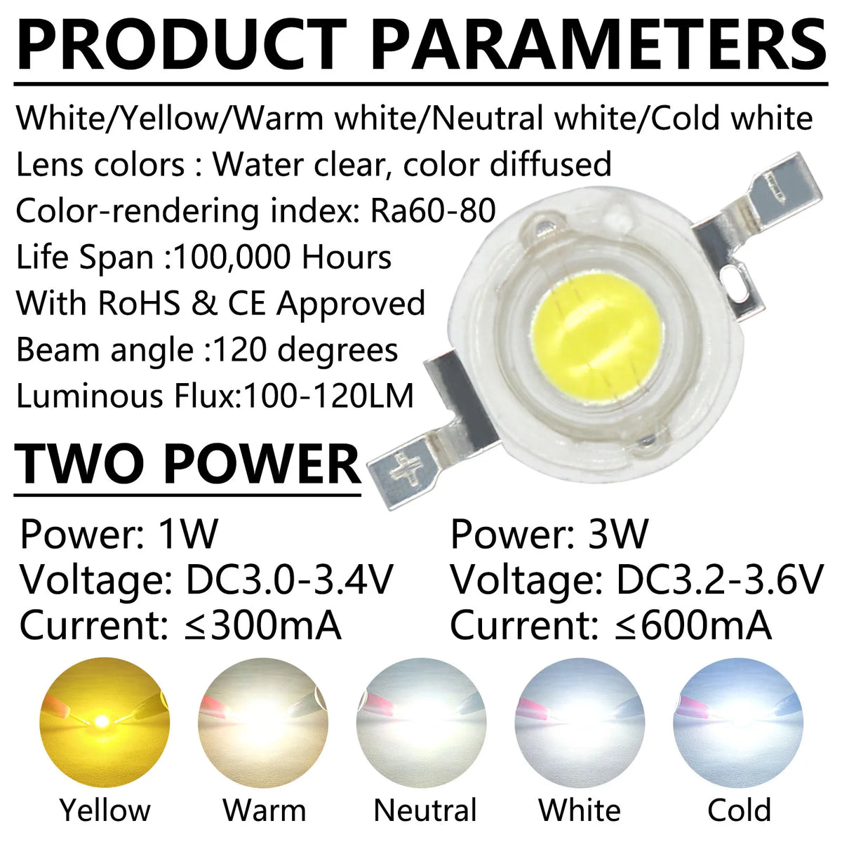 diodes led blanc jaune 1w 3w 100000h clips métalliques moderne 120deg 100lm 3v 600mA
