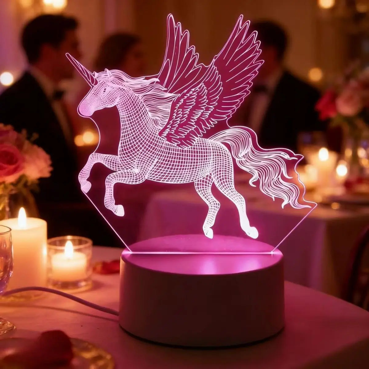 veilleuse nuit 3d licorne ailée moderne interrupteur câble usb blanc rose chambre coucher ambiance