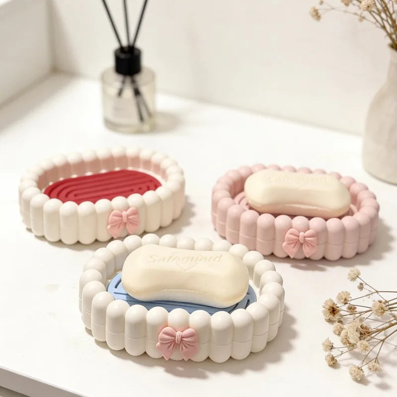 support savon blanc rose moderne nœud boudiné double couche drainage salle bain