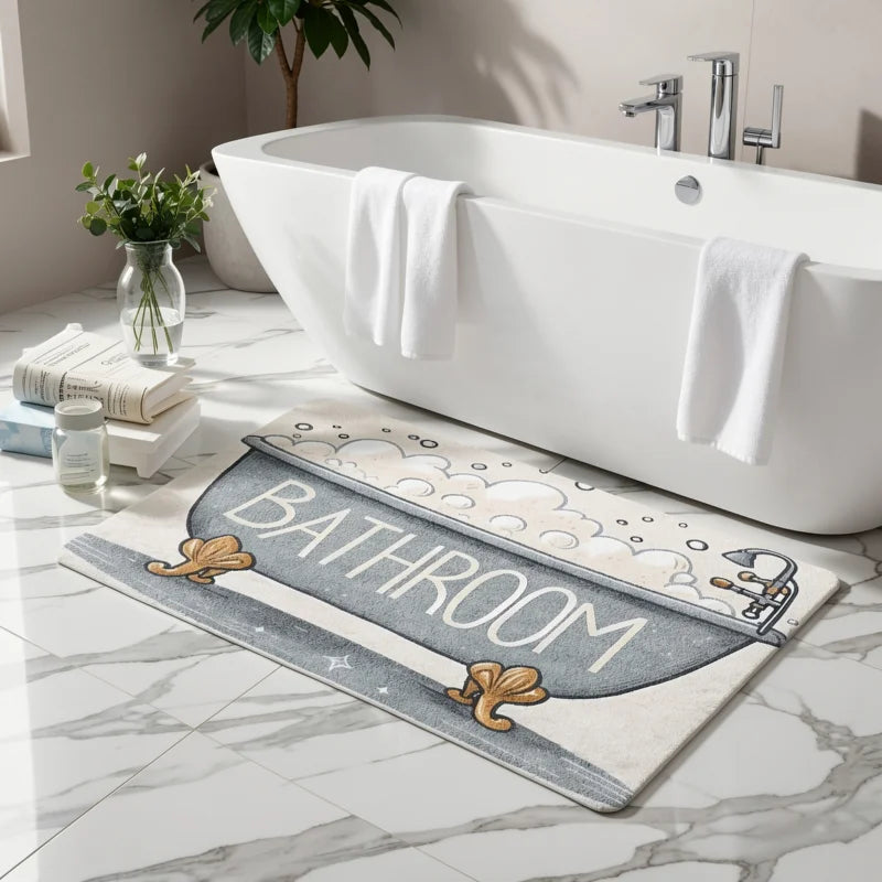 tapis bain antidérapant baignoire bulles vintage gris blanc illustration dorée moderne entrée couloir