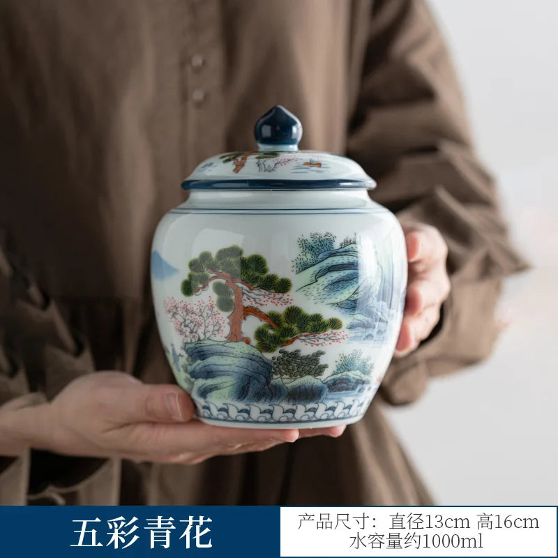pot thé céramique blanc bleu paysage chinois couvercle fleurs montagnes arbre traditionnel