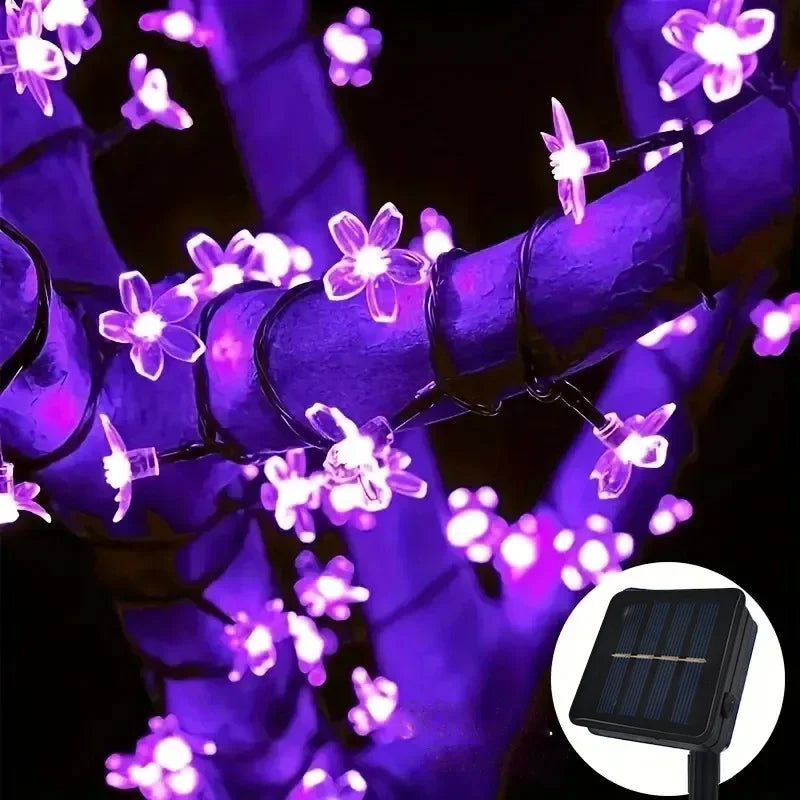 guirlande lumineuse solaire bleu clair fleurs stylisées moderne extérieure décoration fêtes led autonomes