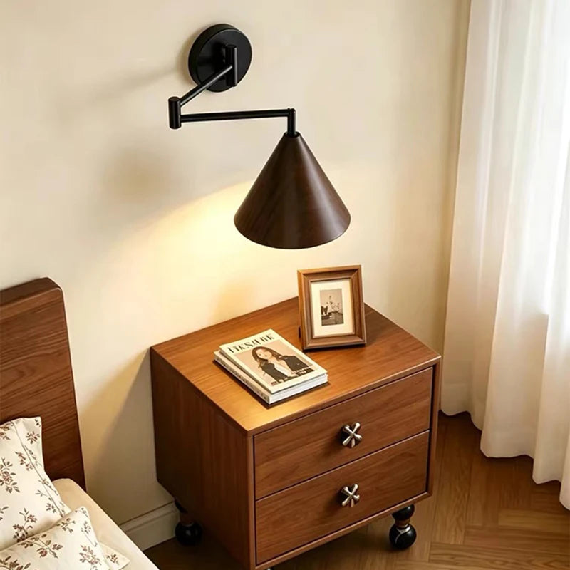 lampe murale moderne conique noire bois ampoule e27 réglable chambre cuisine étude entree salle