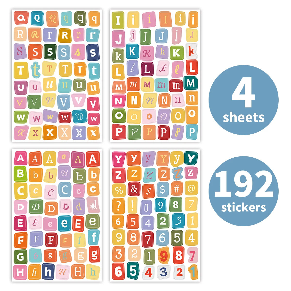 sticker autocollant multicolore lettre chiffre moderne enfantin 192 pièces opaques carreaux journalisation scrapbooking